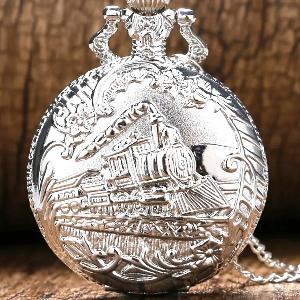 Silver Train Pocket Watch Steampunk Western VTG Christmas Birthday Mens Gift NEW